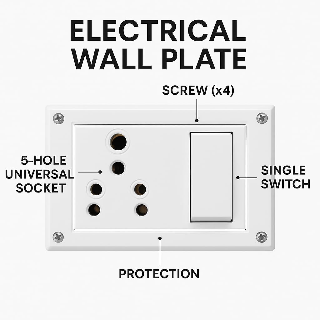 SEER 6-16 Amp Non-Modular Switch and Socket with 5 meter 2 core wire 3pin Combination with Box, Polycarbonate, White (switch box with wire) 1