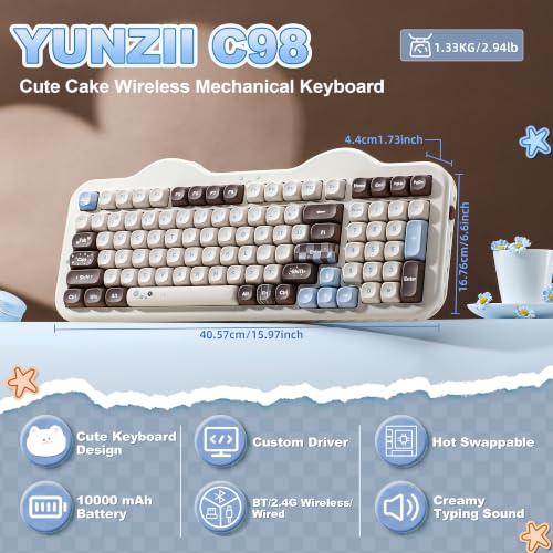 Image of YUNZII C98 Wireless Mechanical Keyboard with Number Pad,98 Key BT5.0 /2.4G /USB-C Hot Swap Gasket Mount with PBT MOA Keycaps,Custom RGB,Cute Cake Keyboard for Win /Mac (Choco, Milk V2 Linear Switch)