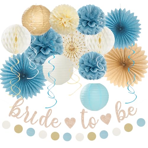 Image of Beige-Champagne-Blue Boho Bachelorette Party-Decorations - 21pcs Women Bridal Shower Banner Garland,Bride To Be Paper Streamers Lanterns,Flower Tissue Pom Poms Fan Favors Wedding Decor Huglony