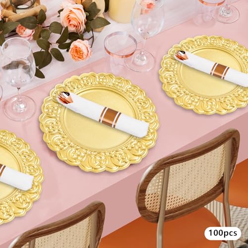 100 Platos Cargadores Plásticos Oro 13 Pulgadas Redondos miniatura 3