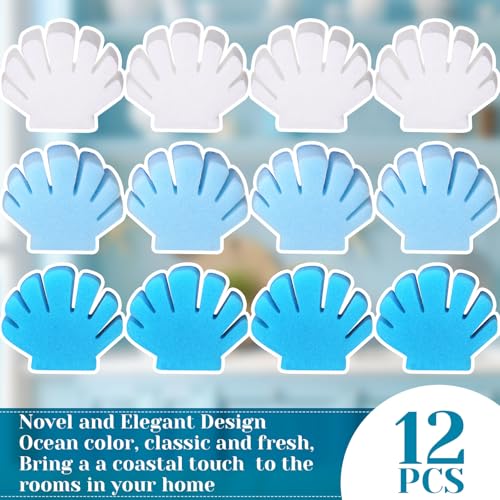 Image of Tioncy 12 Pack Shell Kitchen Sponges Bulk Dual Sided Scrubber Summer Shell White Blue Sponges Dishwashing Kitchen Cleaning Accessories for Funny Beach Sea Theme Household Supplies