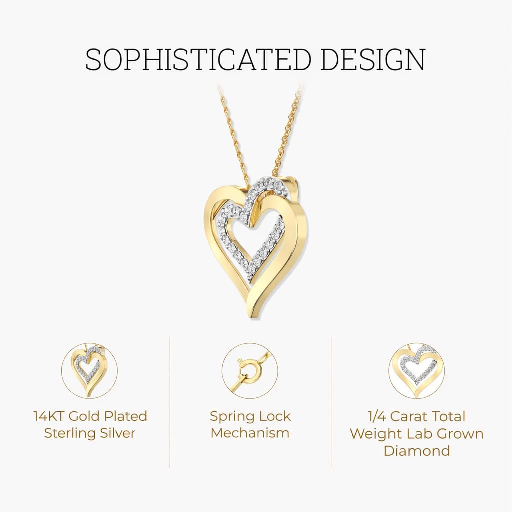 GILDED Itsy Bitsy 1/4 Cttw Lab-Grown Diamond Heart Pendant Necklace in Sterling Silver, Prong-Set Real Diamonds, Adjustable Chain