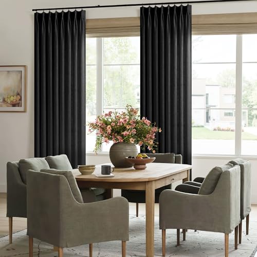 Image of Black Linen Semi Sheer Curtains 96 Inches Long for Living Room Pleated | Bedroom, Light Filtering, Textured, Burlap, Pinch Pleated, Hooks Rings, Back Tab, for Sliding Glass Door, 1 Panel, 96 Length