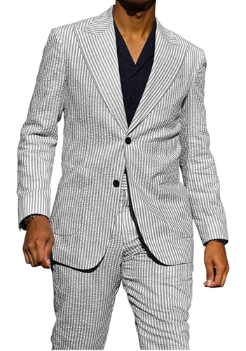 Wangyue Mens Seersucker Suit 2 Piece Seersucker Suits for Men Slim Fit Casul Summer Beach Wedding Striped Jacket Pants