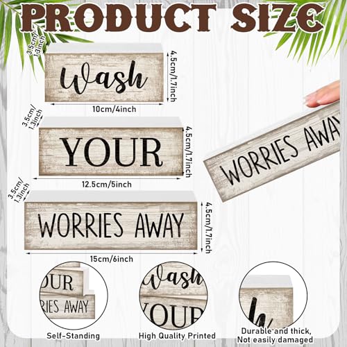Image of Moucuny 4 Pcs Farmhouse Laundry Room Decor Stacked Blocks Wash Your Worries Away Sign Funny Bathroom Shelf Decor and Accessories Rustic Eucalyptus Leaves Block Signs for Home Bathroom Toilet Washroom