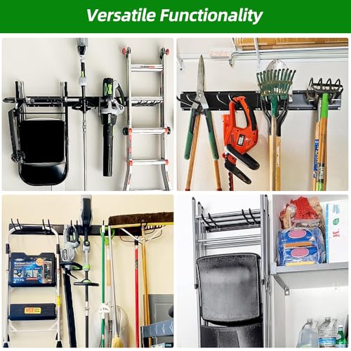 Image of PIYILO Garage Organization, Garage Wall Organizer with 48 inches Rails and 6 Hooks, Tool Organizers Heavy Duty, Shovel Holder Wall Mount Max Load 360 LBS, Sturdy Garden Tool Rack for Folding Chairs