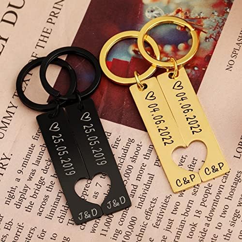 Jinlinjew Personalized Heart Keychain Set Engraved King Date and Name Love Keyring Gift for Girlfriend Boyfriends Couples Keyrings(2pcs)