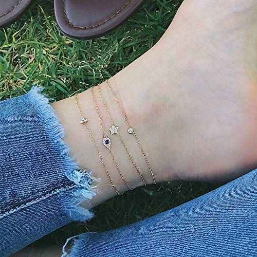 LOYATA Dainty Ankle Bracelet,14K Gold Plated Tiny Bead Anklet Dainty White Cubic Zirconia Cross Tassel Foot Chain Cute Lucky Moon Evil Eye Foot Jewelry Boho Anklets for Women4