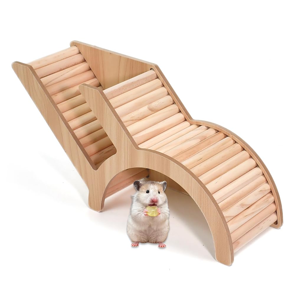 Casa para Hamster de Madera Natural Multicámara, Casa de Madera Puente Hamster, Juguete de Madera 34.5x10x15 cm para Enriquecimiento Ambiental de Hámsters, Ratones, Chinchillas y Jerbos