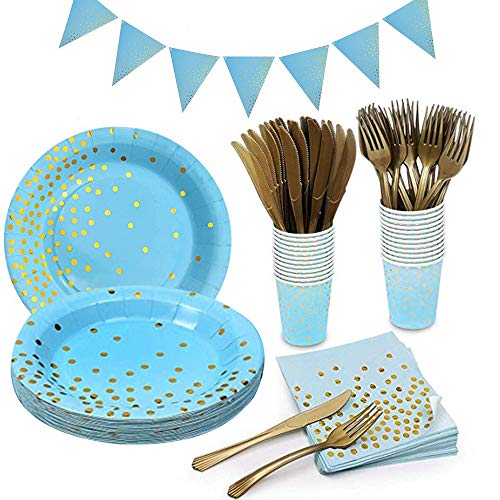 Tomkity 20pcs (Tasses Gobelets Jetables + Assiettes Jetables + Serviettes de Table + Fourchettes Cuillères Couteaux) + Bannière Ensemble de Vaisselle d'anniversaire Décoration de Table Partie Bleu
