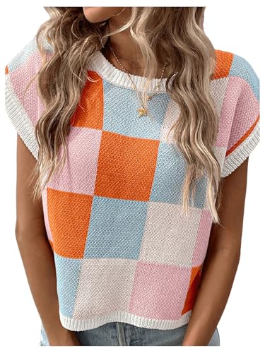SHENHE Women's Cap Sleeve Knit Tops Summer Crewneck Short Sleeve Pullover Sweater Vest Color Block Crop T Shirts