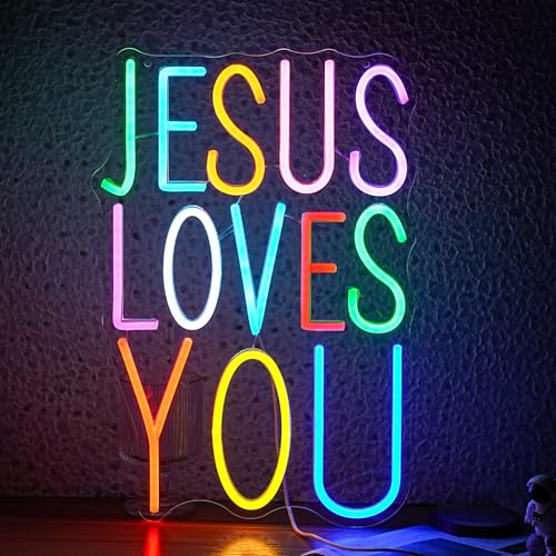 Image of Jesus Loves You Neon sign Colorful Led Letters Sign Neon Light for Wall Decor Dimmable Jesus Light Up Sign for Home Christ Church Wedding Birthday Party Decor(USB Power)