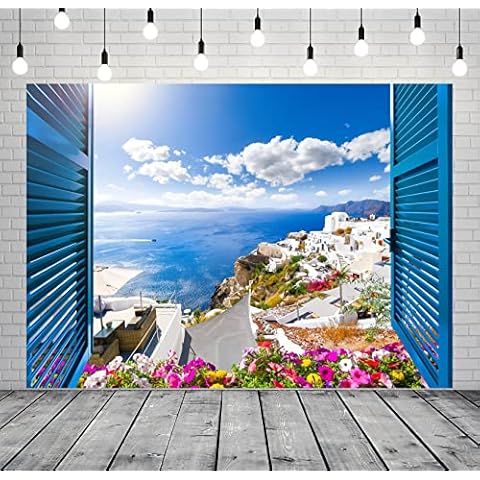 Loccor 9x6ft Fabric Greece Backdrop Santorini Island Traditional Architecture Flowers Aegean Sea Window Scenery Background Momma Mia Theme Birthday Party Decorations Wedding Photo Booth Props Cover