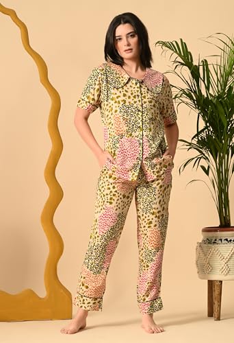 Image of Women's Cotton Printed Night Suit Set | Soft & Stylish Full Sleeve Shirt with Pajama | Comfortable Loungewear & Sleepwe,(Multicolor XS)
