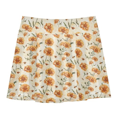 Flowers in Vintage Tennis Skirt for Girls with Built in Shorts Flowy Youth Cheer Skirt with Pockets Girl Skorts