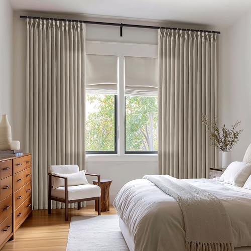 Image of Taupe Pinch Pleated Semi Sheer Linen Curtains 90 Inch Long for Living Room