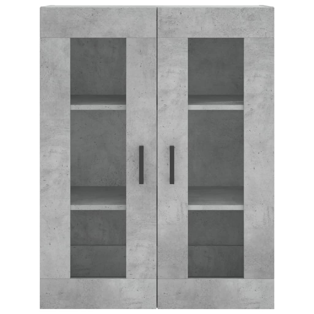 Wandschrank Betongrau 69,5x34x90 cm, Hängeschrank mit Glastüren aus Holzwerkstoff, Vitrinenschrank für Wohnzimmer Schlafzimmer und Büro, Moderner Schwebeschrank mit Griffen