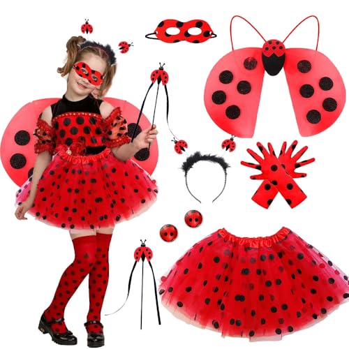 XPJBKC Disfraz Ladybug Niña, 8Pcs Disfraz Caperucita Roja Niña con Diadema, Guantes, Orejeras, Varitas, Máscaras, Alas, Vestidos, Ladybug Costume para Halloween Carnaval (5-10 Años)