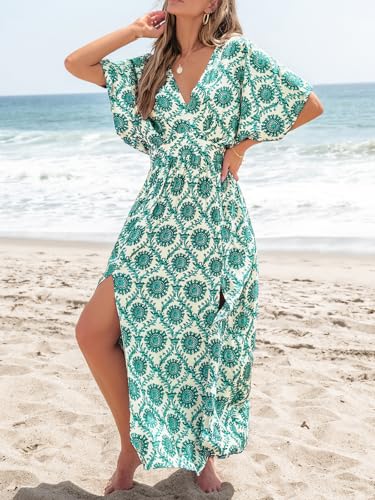 Image of CUPSHE Women's Summer Boho Maxi Dress Paisley Floral V Neck Smocked Dress Beach Vacation Slit Hem Flowy Dress with Pockets
