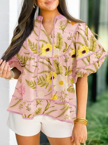 Cicy Bell Womens Summer Floral Babydoll Tops V Neck Short Lantern Sleeve Shirts Cute Loose Fit Flowy Blouses2