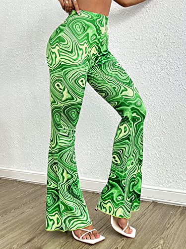 Women's Marble Print Flare Pants Elastic Waist Bell Bottom Trousers