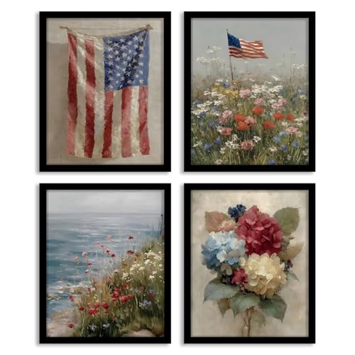 Image of WEFKODO Vintage Patriotic Decor Wall Art for Home Bathroom Bedroom, Vintage Retro America Flag Hydrangea Floral Wall Decor 4th of July Decorations Pictures Posters Prints Set of 4, 8x10 Inch Unframed