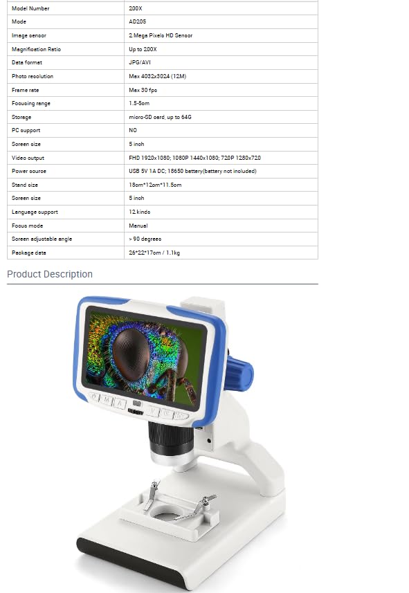 AD205 200XChild cyfrowy mikroskop domowy szkoła edukacyjna biologia przenośny dla dzieci obserwacja 1080P HD cyfrowy mikroskop biurkowy 5-calowy ekran LCD