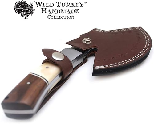 Miniatura 5 de Wild Turkey Handmade Damascus Steel Collection - Hacha de hoja fija de 9 pulgadas con funda de cuero