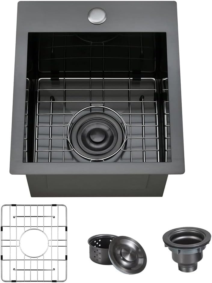 ARTLINE 15 x 20 Inch Black Drop in Bar Sink, Stainless Steel Single Bowl Kitchen Sink, Small Topmount 9 Inch Deep Wet Bar sink for Outdoor Prep RV Yard Laundry Utility with Dish Grid & Drain