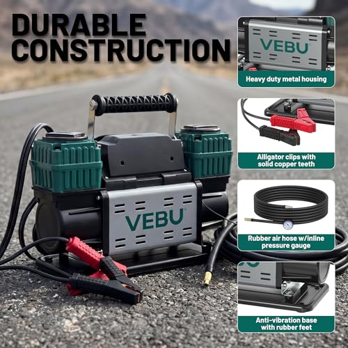 Image of Heavy Duty Air Compressor 12V Tire Inflator, Dual Cylinder 125PSI with In-line Pressure Gauge, 10.6CFM Fast Inflation for Off-road Vehicles, Trucks, SUVs, RVs, ATVs, DC Power, Corded Electric