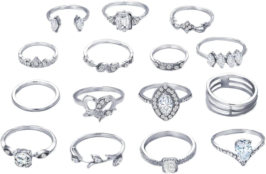 Shining Diva Fashion Latest Stylish Metal Boho Midi Finger Rings for Women and Girls - Set of 15 (D12962r), Silver