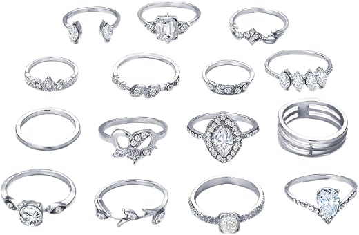 Shining Diva Fashion Latest Stylish Metal Boho Midi Finger Rings for Women and Girls - Set of 15 (D12962r), Silver