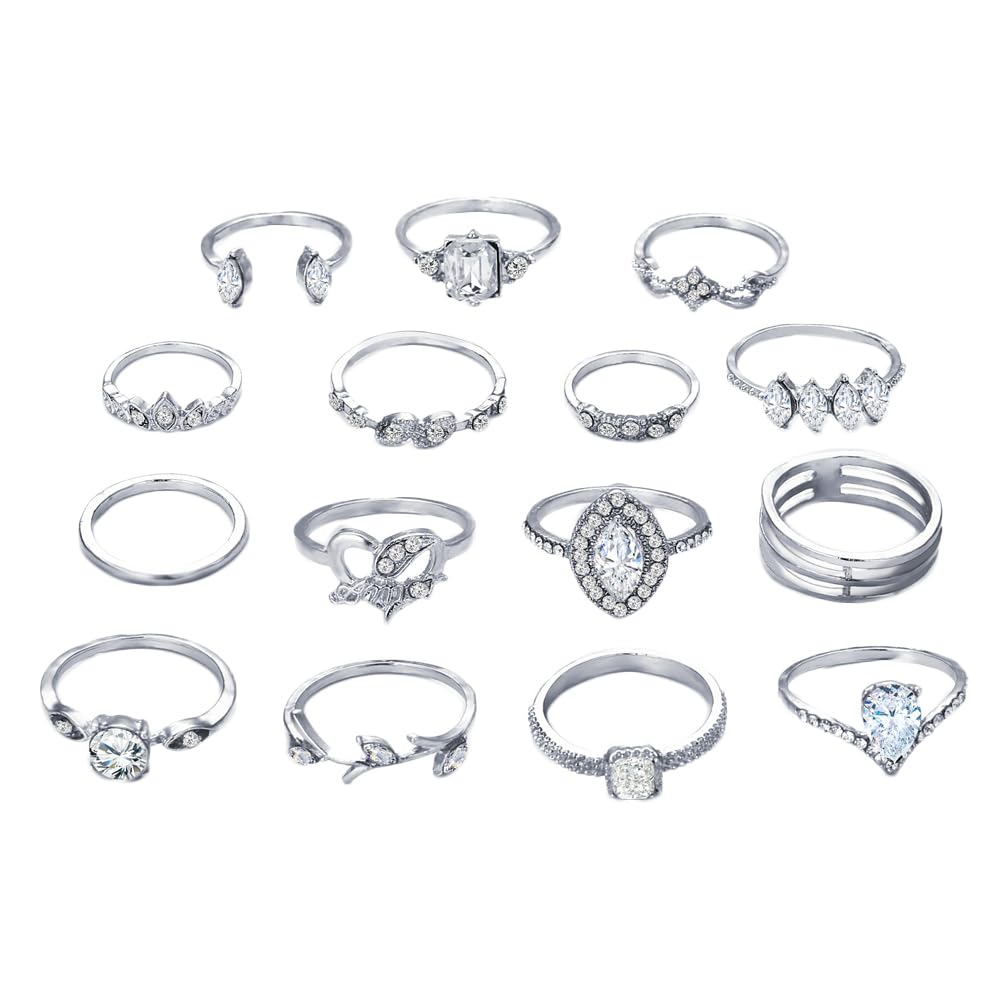 Latest Stylish Metal Boho Midi Finger Rings for Women and Girls - Set of 15 (D12962r), Silver