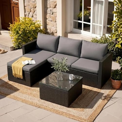 JAMFLY 3-Piece All-Season Wicker Patio Sectional Sofa Set with Coffee Table, Modular Indoor Outdoor Furniture for Poolside, Sunroom, Garden & Backyard, Grey