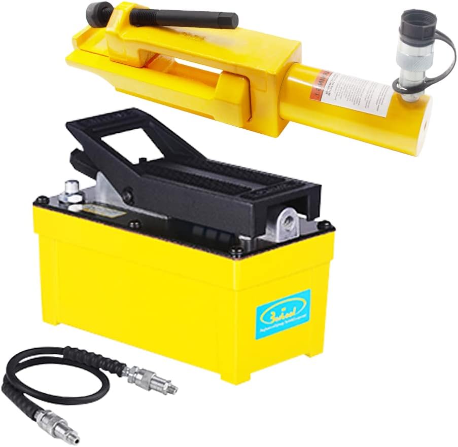 BESTOOL Pro Series OTR Giant Hydraulic Tire Bead Breaker and Air Hydraulic Pump - 10,000 PSI，Hydraulic Pullers(Single Acting) Yellow-with Hose