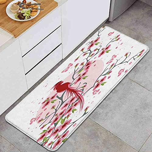 VISALUNA Kitchen Rugs and Mats Long Lived Phoenix Bird in Japanese Mythology On A Branch of Cherry Blossoms Cushioned AntiFatigue Comfort Runner Mat for Floor Rug Standing Rugs,17"x48"