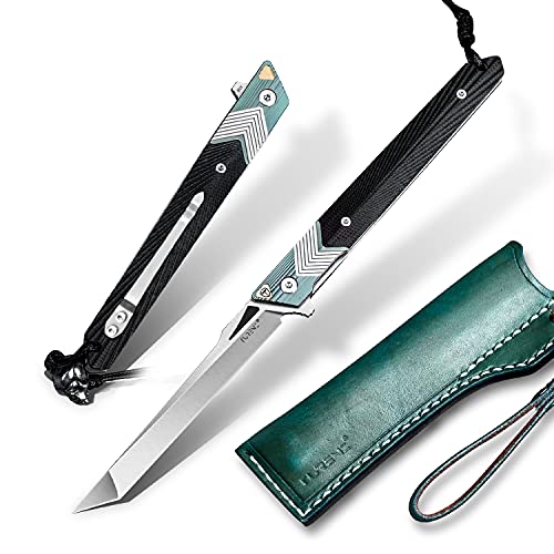 TURENZ Folding Knife with Clip, 14C28N Steel Tanto Blade, Non-slip Titanium Alloy Handle Lightweight EDC Gentleman's Pocket Knife with Sheath for Belt