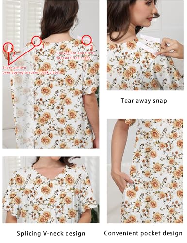 Image of Hospital Gowns for Women Open Back Tear Away Snap Post shoulder Dress Short Sleeve Soft Adaptive Clothing with Pockets