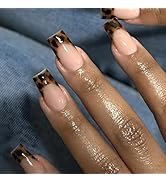 French Tip Press on Nails Medium Square Fake Nails with Leopard Print Designs Glossy Full Cover N...
