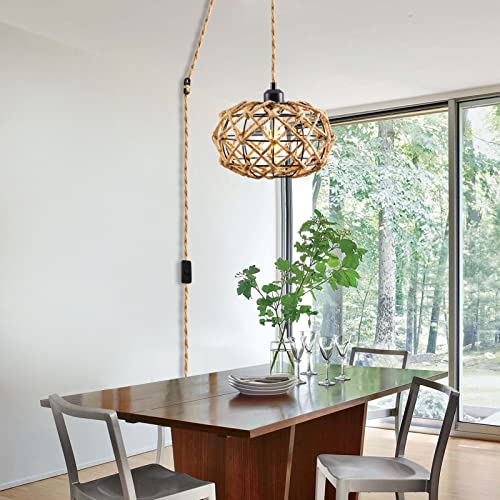 Yingfk Industrial Plug In Pendant Light With On/Off Switch, Hanging Lights With Plug In Cord 15Ft Hemp Rope Hanging Lamp, Farmhouse Woven Rattan Pendant Lamp For Living Room Bedroom Kitchen #TOP4