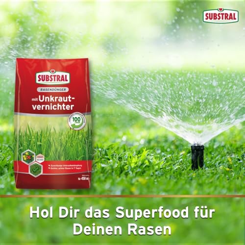 Substral Rasendünger mit Unkrautvernichter, 9kg für 450qm - 2in1: Unkrautvernichtung + Düngung, 100 Tage Langzeitwirkung