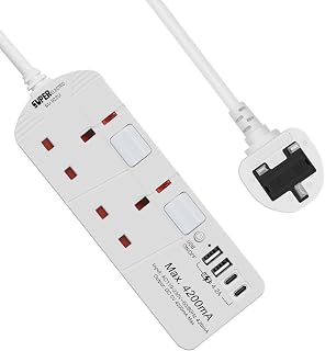 SE UKASE Extension Lead with USB Slots(5V/4.2A), 2 Way Plug Sockets with Individual Switches USB and Type C, Wall Mount Design with 2M Extension Cable 2990W
