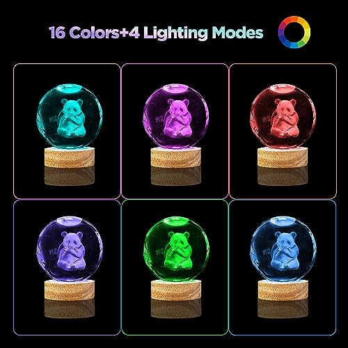 Image of 3D Panda Crystal Ball Night Light with 16 Color LED Wooden Base 3.15 Inch Glass Ball Lamps with Remote for Birthday Christmas Cute Panda Gifts for Lovers Boys Girls Friend (Upgraded)