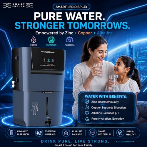 Image of Aroma RO Water Purifier | RO+UV+UF+TDS Adjuster | Zinc + Copper + Alkaline | 12L Storage | Smart LED Display | Borewell, Tanker & Municipal Water [GREY]