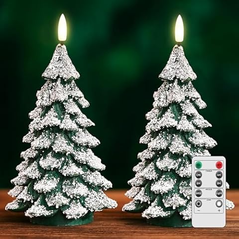 Velsyn Christmas Tree Candles Covered in Snow with Remote, 2 Pcs Waxy LED Flameless Candles Flickering, Green Electric Candles Battery Operated for New Year Celebration Holiday Decorations 8.5 Inches Cover