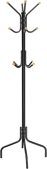 SONGMICS Coat Stand, Metal Coat Rack with 12 Hooks, 4 Legs, Hang Coats, Jackets, Hats, Bags, for Hallway Bedroom Office, Black RCR031B01