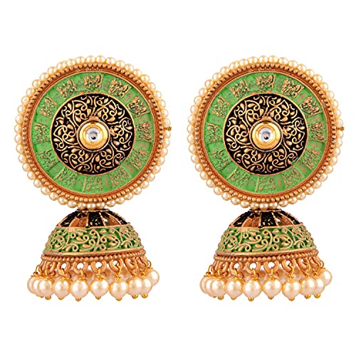 Efulgenz Indian Jewelry Antique Crystal Kundan Engraved Round Jhumka Jhumki Dangle Earrings Set for Women - Green