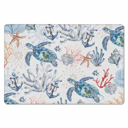 Nautical Turtle Antifatigue Kitchen Bath Door Mat Cushioned Runner Rug,Washable Welcome Floor Sink Mat,Waterproof Kitchen Standing Doormat,Blue Coastal Starfish Coral Shell Tropical Fish 18