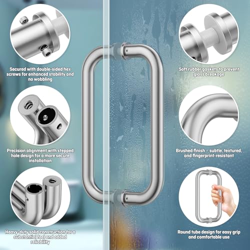 Ranbo Brushed Nickel 8" CTC Tubular Back-to-Back Shower Door Handle,Heavy-Duty 1.0mm Thick 304 Stainless Steel, for 1/4"- 1/2" Thick Glass and 1-3/8" - 2-1/6" Thick Wooden or Metal Doors by Ranbo - Used condition - Image 3