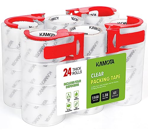 KAMOTA Cinta de embalaje, 24 rollos de cinta de embalaje transparente resistente para envío, embalaje, mudanza y sellado, 1.88 pulgadas de ancho, 65